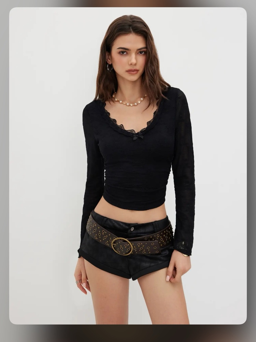 LACE V-NECK BOWKNOT RUCHED LONG SLEEVE TOP L WC10-106